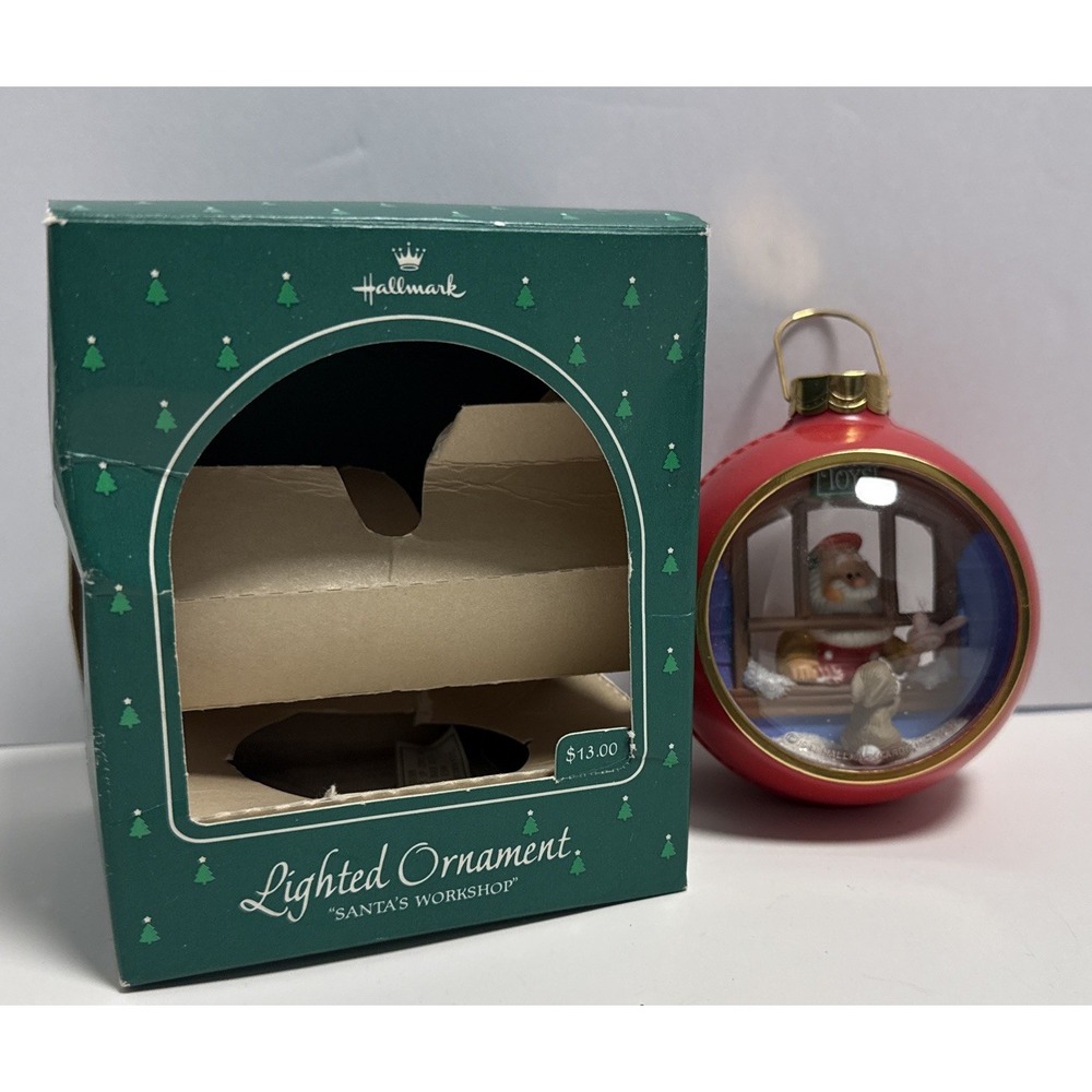 Vintage 1984 Hallmark Santa's Workshop Lighted Keepsake Ornament Green Box
